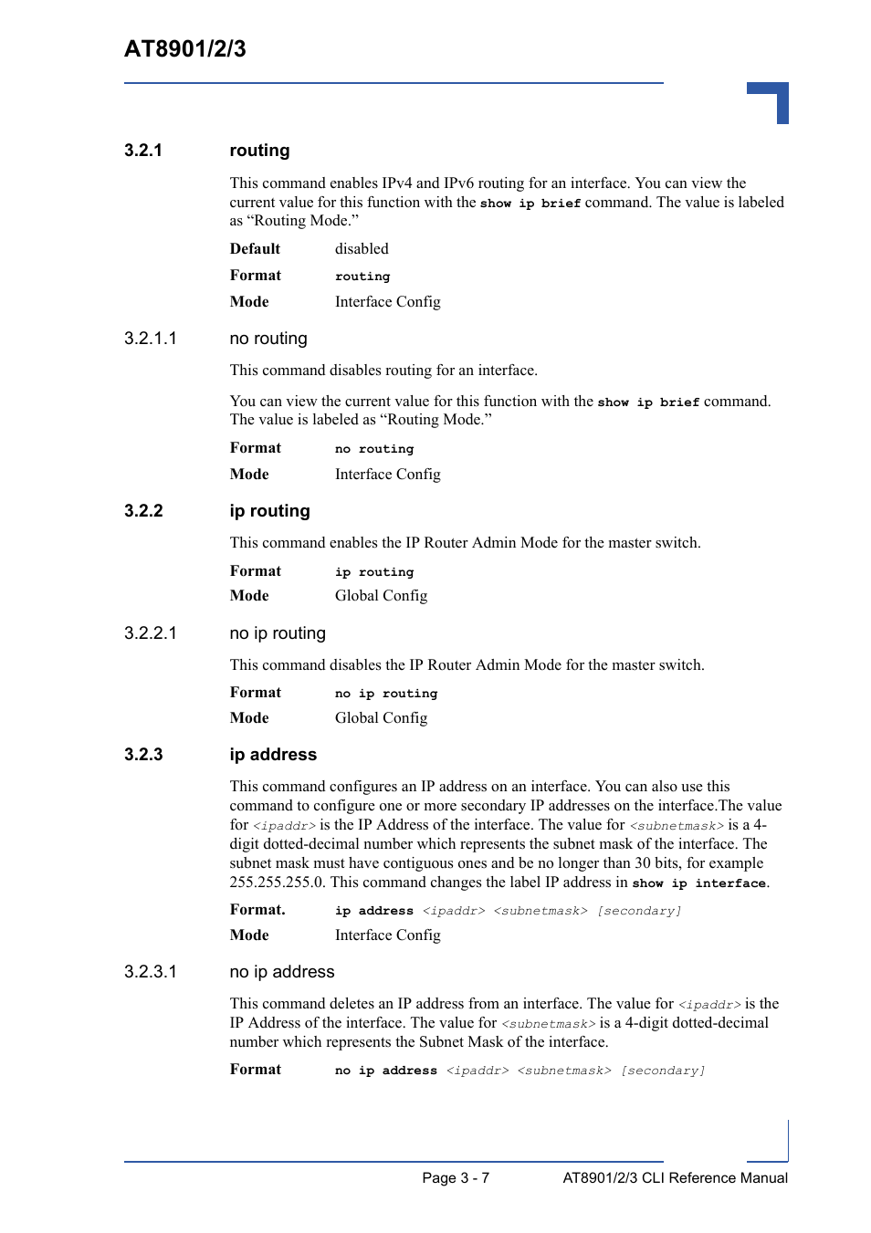 1 routing, 2 ip routing, 3 ip address | Routing - 7, Ip routing - 7, Ip address - 7 | Kontron AT8902 Full Size CLI User Manual | Page 119 / 304