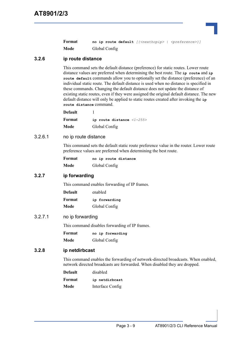 6 ip route distance, 7 ip forwarding, 8 ip netdirbcast | Ip route distance - 9, Ip forwarding - 9, Ip netdirbcast - 9 | Kontron AT8902 Full Size CLI User Manual | Page 121 / 304