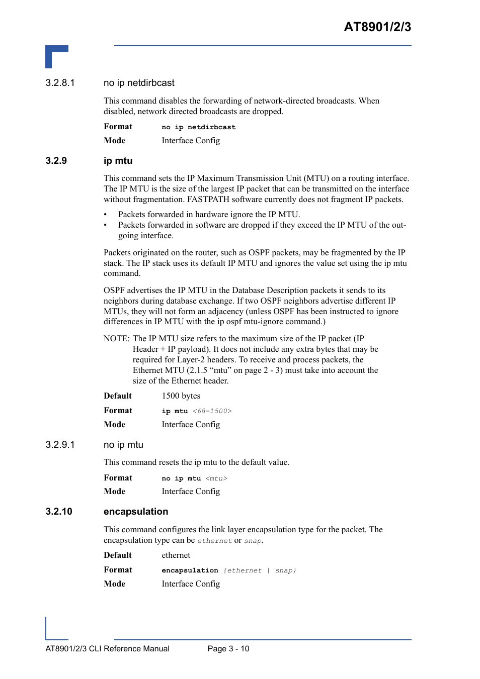 9 ip mtu, 10 encapsulation, Ip mtu - 10 | 10 encapsulation - 10 | Kontron AT8902 Full Size CLI User Manual | Page 122 / 304