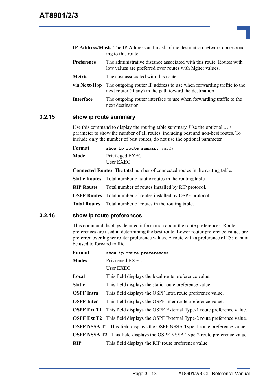 15 show ip route summary, 16 show ip route preferences | Kontron AT8902 Full Size CLI User Manual | Page 125 / 304