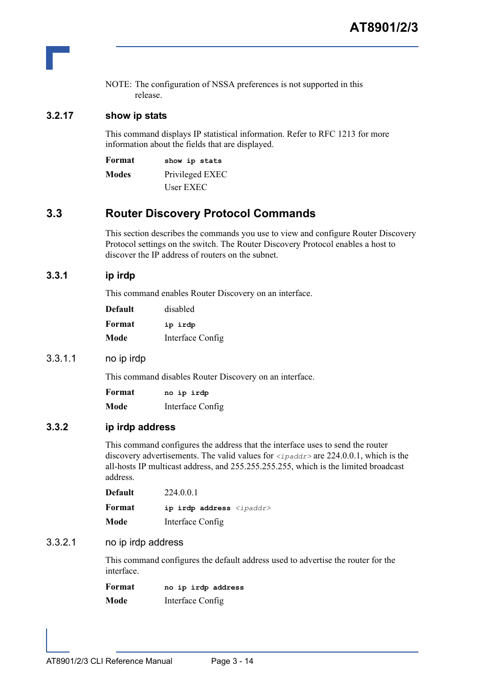 17 show ip stats, 3 router discovery protocol commands, 1 ip irdp | 2 ip irdp address, 17 show ip stats - 14, 3 router discovery protocol commands - 14, Ip irdp - 14, Ip irdp address - 14 | Kontron AT8902 Full Size CLI User Manual | Page 126 / 304