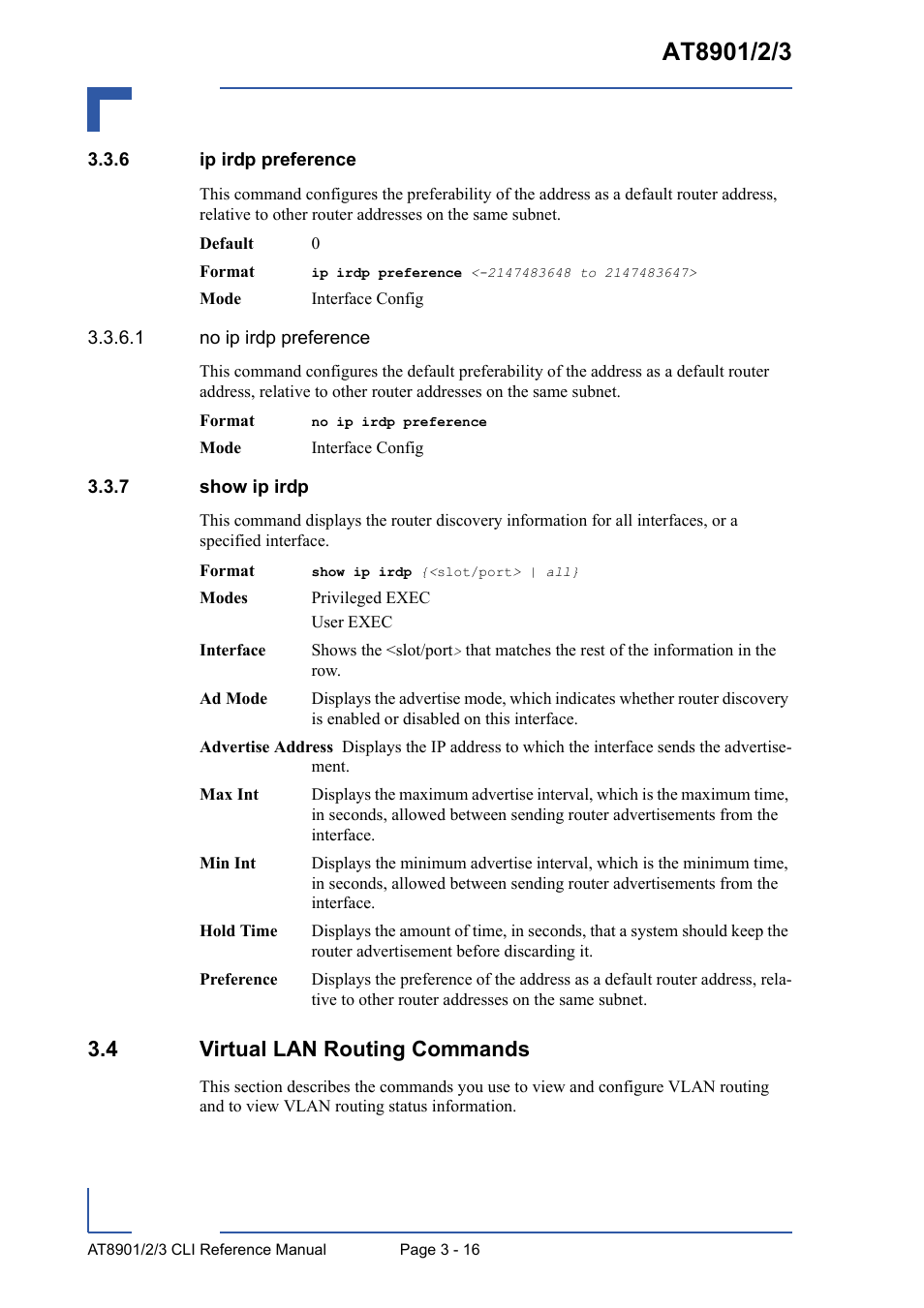 6 ip irdp preference, 7 show ip irdp, 4 virtual lan routing commands | Ip irdp preference - 16, Show ip irdp - 16, 4 virtual lan routing commands - 16 | Kontron AT8902 Full Size CLI User Manual | Page 128 / 304