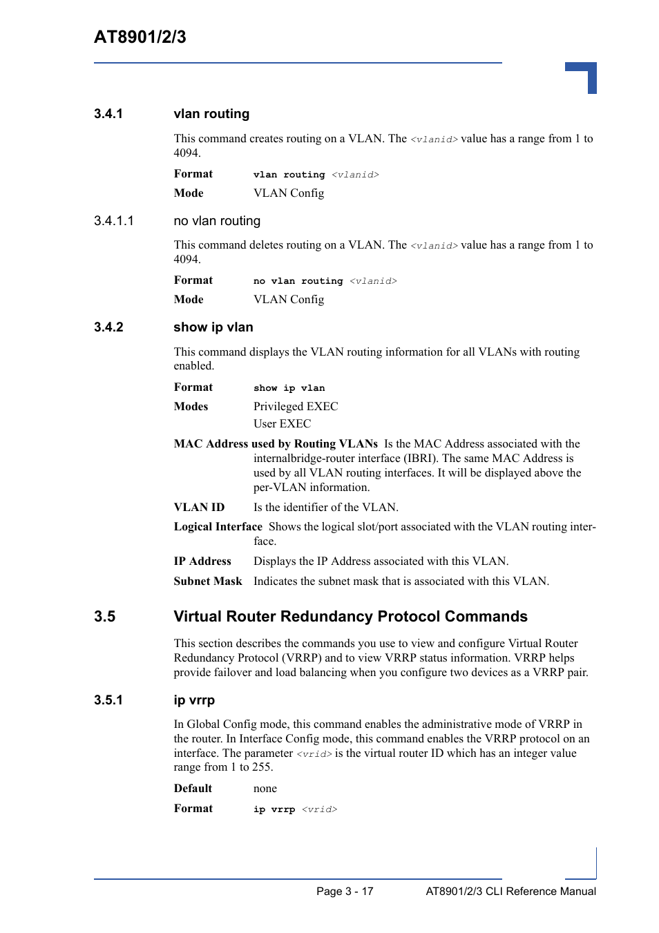 1 vlan routing, 2 show ip vlan, 5 virtual router redundancy protocol commands | 1 ip vrrp, Vlan routing - 17, Show ip vlan - 17, 5 virtual router redundancy protocol commands - 17, Ip vrrp - 17 | Kontron AT8902 Full Size CLI User Manual | Page 129 / 304