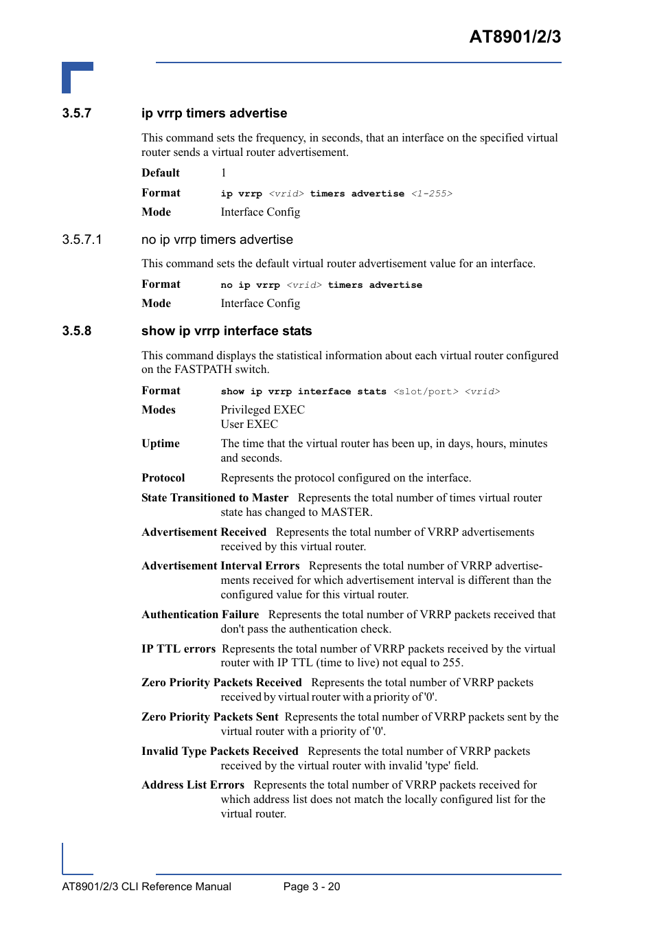 7 ip vrrp timers advertise, 8 show ip vrrp interface stats, Ip vrrp timers advertise - 20 | Show ip vrrp interface stats - 20 | Kontron AT8902 Full Size CLI User Manual | Page 132 / 304