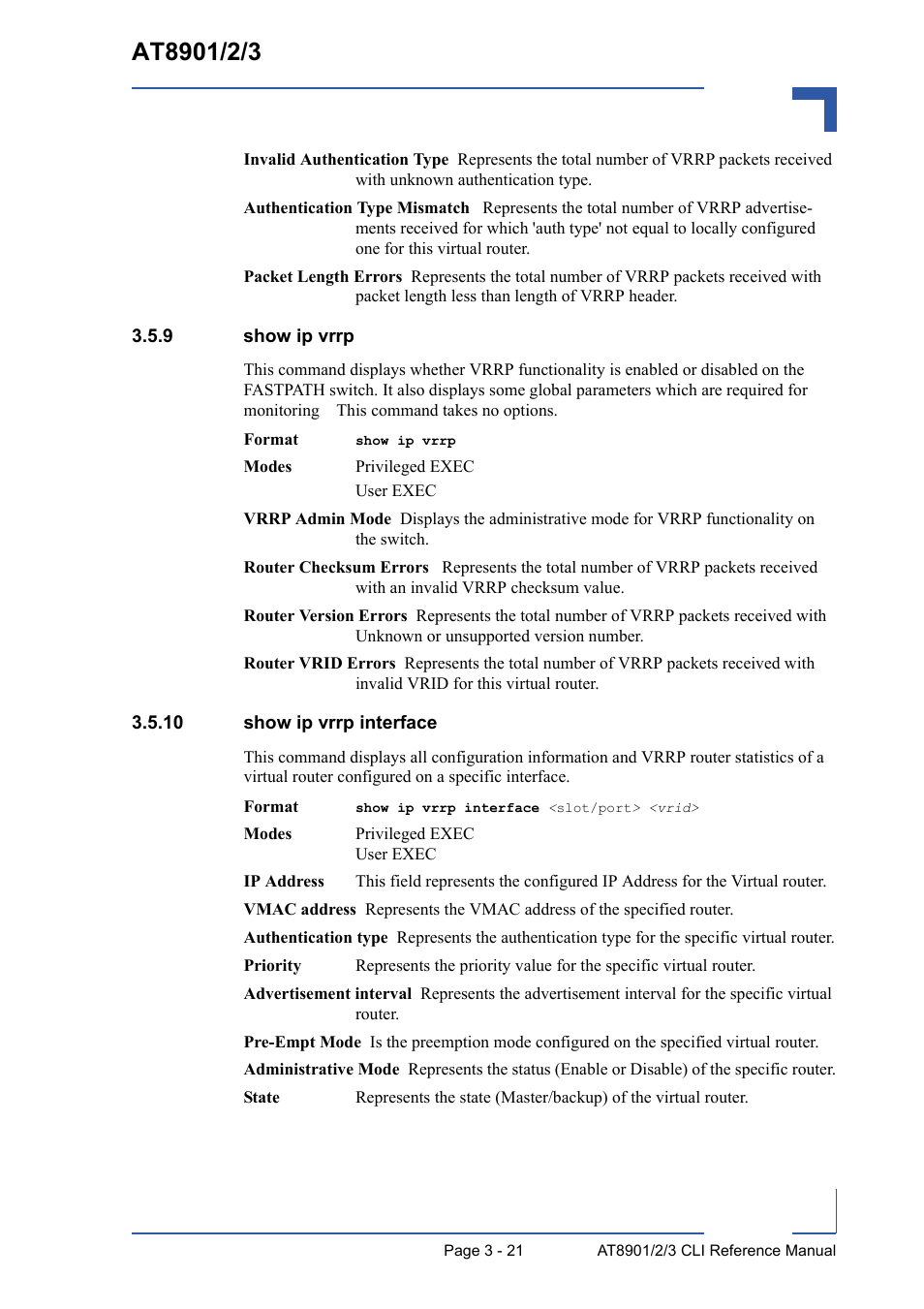 9 show ip vrrp, 10 show ip vrrp interface, Show ip vrrp - 21 | 10 show ip vrrp interface - 21 | Kontron AT8902 Full Size CLI User Manual | Page 133 / 304