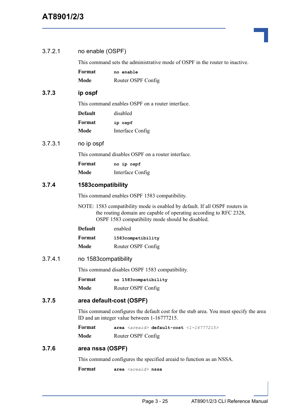 3 ip ospf, 4 1583compatibility, 5 area default-cost (ospf) | 6 area nssa (ospf), Ip ospf - 25, 1583compatibility - 25, Area default-cost (ospf) - 25, Area nssa (ospf) - 25 | Kontron AT8902 Full Size CLI User Manual | Page 137 / 304