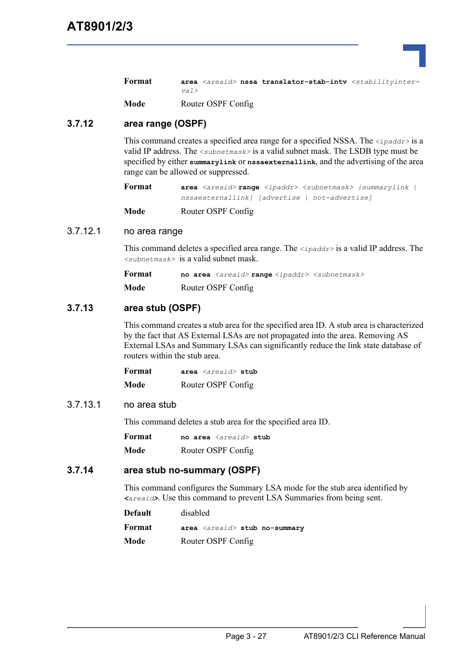 12 area range (ospf), 13 area stub (ospf), 14 area stub no-summary (ospf) | Kontron AT8902 Full Size CLI User Manual | Page 139 / 304