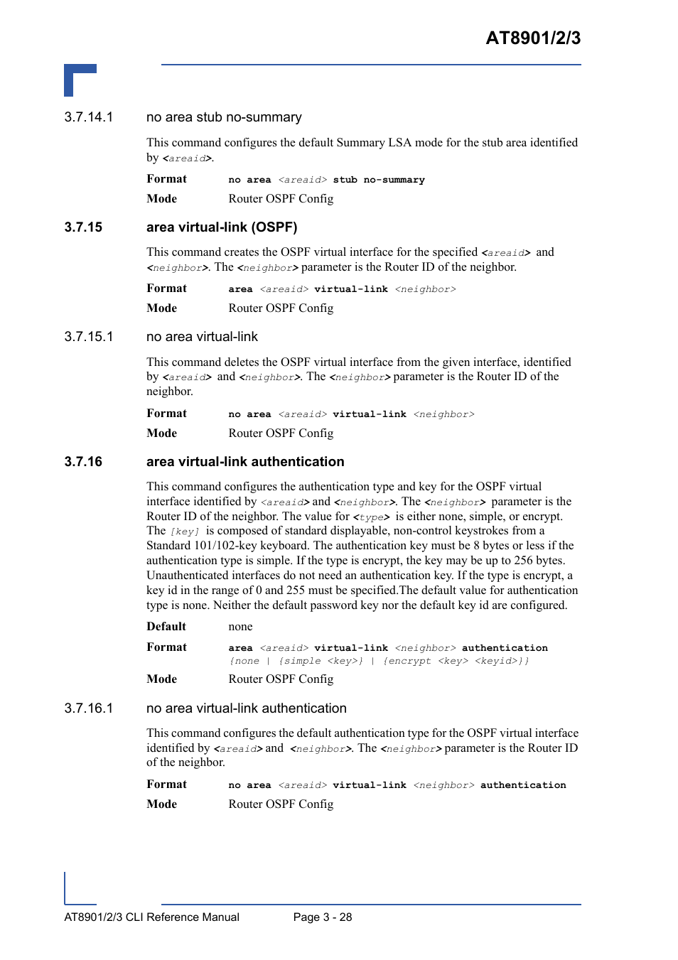 15 area virtual-link (ospf), 16 area virtual-link authentication | Kontron AT8902 Full Size CLI User Manual | Page 140 / 304