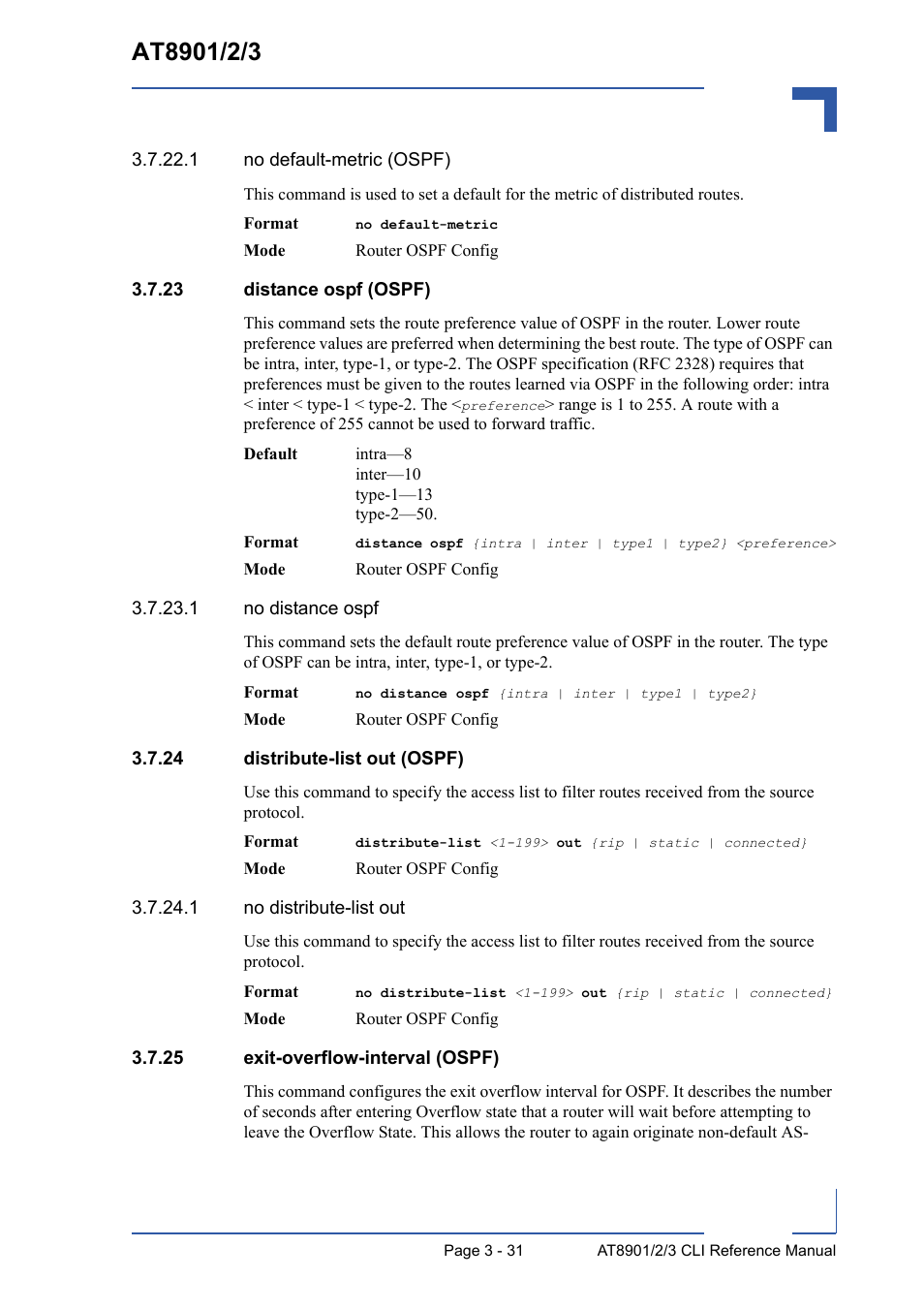 23 distance ospf (ospf), 24 distribute-list out (ospf), 25 exit-overflow-interval (ospf) | Kontron AT8902 Full Size CLI User Manual | Page 143 / 304