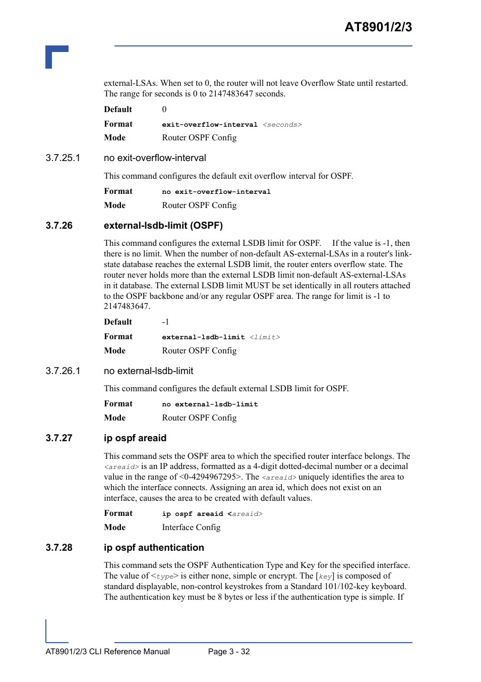 26 external-lsdb-limit (ospf), 27 ip ospf areaid, 28 ip ospf authentication | Kontron AT8902 Full Size CLI User Manual | Page 144 / 304