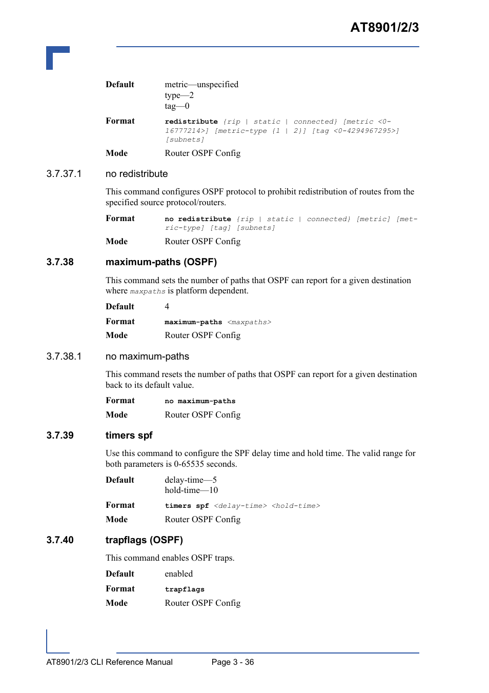 38 maximum-paths (ospf), 39 timers spf, 40 trapflags (ospf) | Kontron AT8902 Full Size CLI User Manual | Page 148 / 304