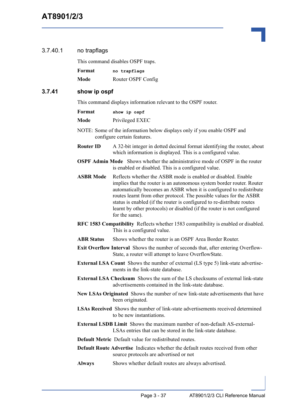 41 show ip ospf, 41 show ip ospf - 37 | Kontron AT8902 Full Size CLI User Manual | Page 149 / 304