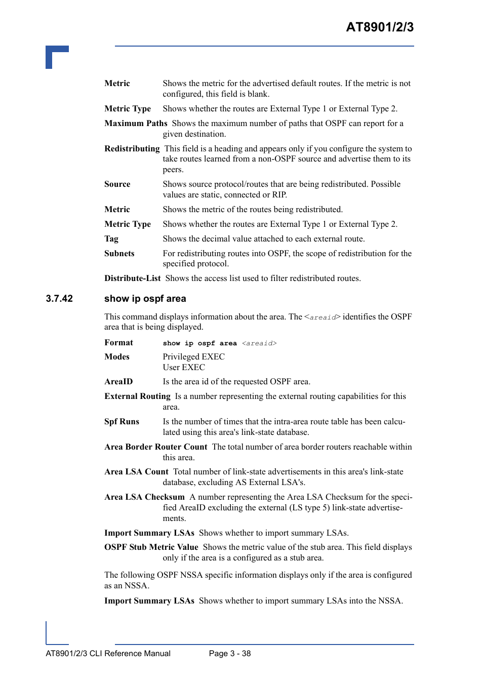 42 show ip ospf area, 42 show ip ospf area - 38 | Kontron AT8902 Full Size CLI User Manual | Page 150 / 304