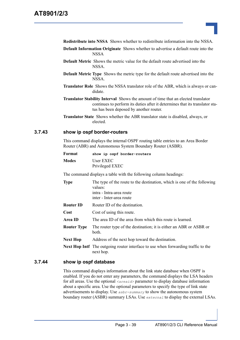 43 show ip ospf border-routers, 44 show ip ospf database | Kontron AT8902 Full Size CLI User Manual | Page 151 / 304