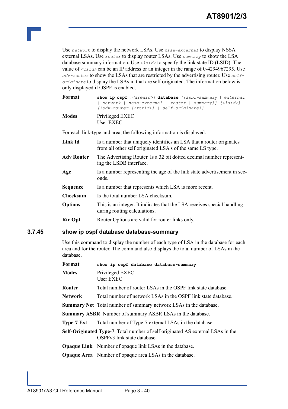 45 show ip ospf database database-summary, 45 show ip ospf database database-summary - 40 | Kontron AT8902 Full Size CLI User Manual | Page 152 / 304