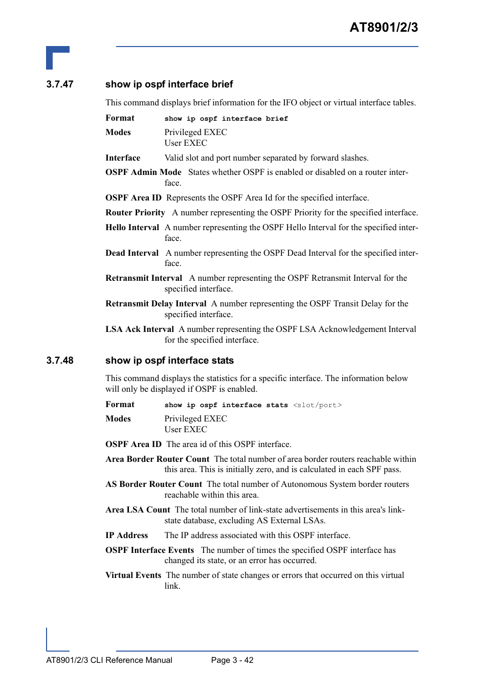 47 show ip ospf interface brief, 48 show ip ospf interface stats | Kontron AT8902 Full Size CLI User Manual | Page 154 / 304