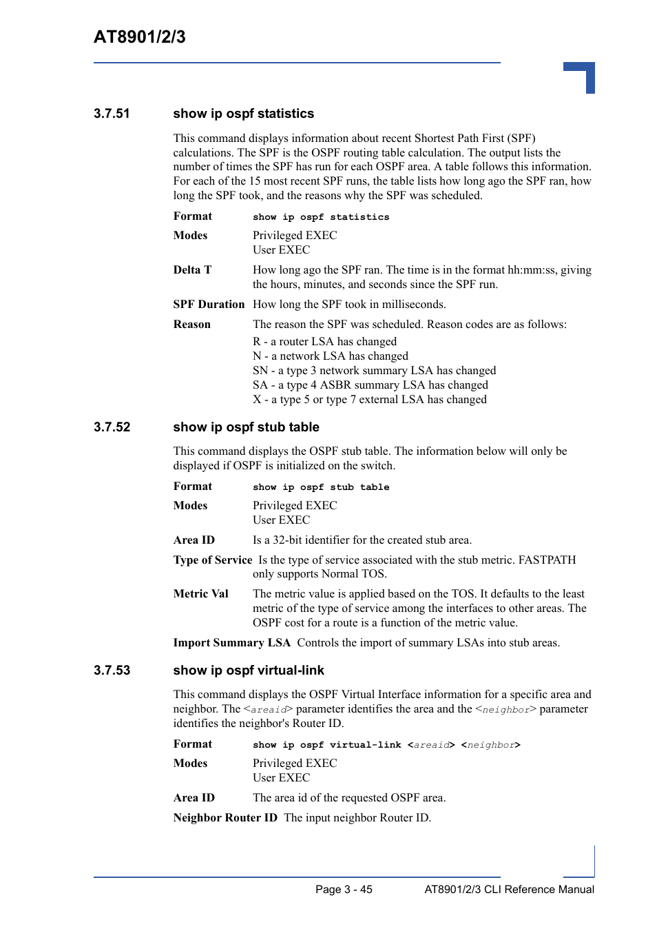 51 show ip ospf statistics, 52 show ip ospf stub table, 53 show ip ospf virtual-link | Kontron AT8902 Full Size CLI User Manual | Page 157 / 304