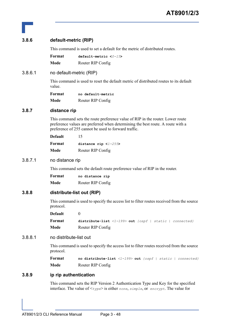 6 default-metric (rip), 7 distance rip, 8 distribute-list out (rip) | 9 ip rip authentication, Default-metric (rip) - 48, Distance rip - 48, Distribute-list out (rip) - 48, Ip rip authentication - 48 | Kontron AT8902 Full Size CLI User Manual | Page 160 / 304