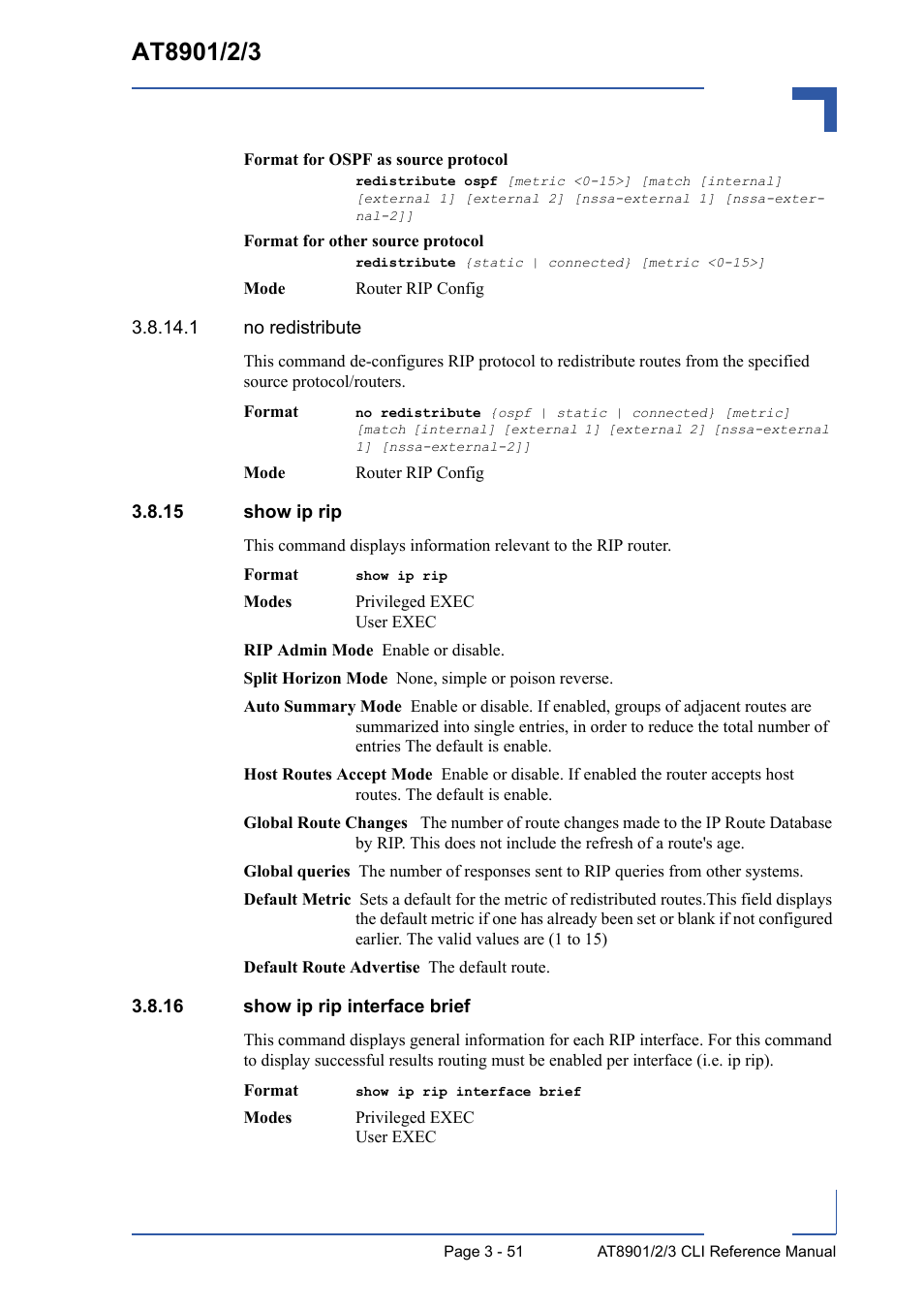 15 show ip rip, 16 show ip rip interface brief | Kontron AT8902 Full Size CLI User Manual | Page 163 / 304