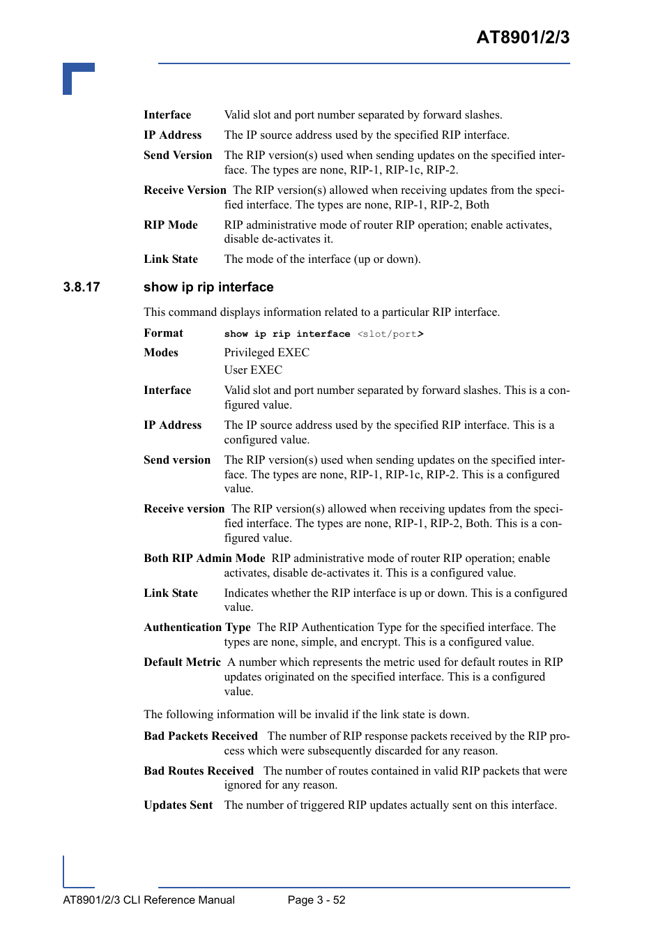 17 show ip rip interface, 17 show ip rip interface - 52 | Kontron AT8902 Full Size CLI User Manual | Page 164 / 304