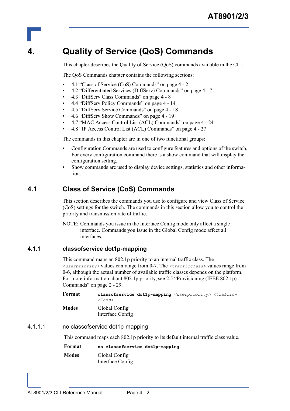 Quality of service (qos) commands, 1 class of service (cos) commands, 1 classofservice dot1p-mapping | Quality of service (qos) commands - 2, 1 class of service (cos) commands - 2, Classofservice dot1p-mapping - 2 | Kontron AT8902 Full Size CLI User Manual | Page 166 / 304