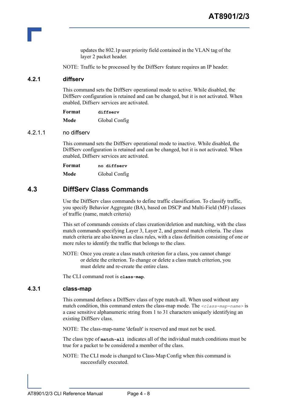 1 diffserv, 3 diffserv class commands, 1 class-map | Diffserv - 8, 3 diffserv class commands - 8, Class-map - 8 | Kontron AT8902 Full Size CLI User Manual | Page 172 / 304