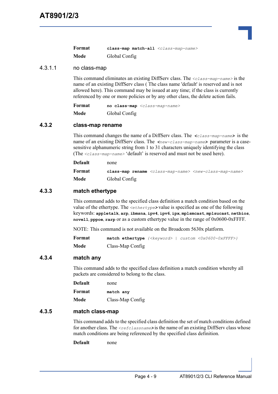 2 class-map rename, 3 match ethertype, 4 match any | 5 match class-map, Class-map rename - 9, Match ethertype - 9, Match any - 9, Match class-map - 9 | Kontron AT8902 Full Size CLI User Manual | Page 173 / 304