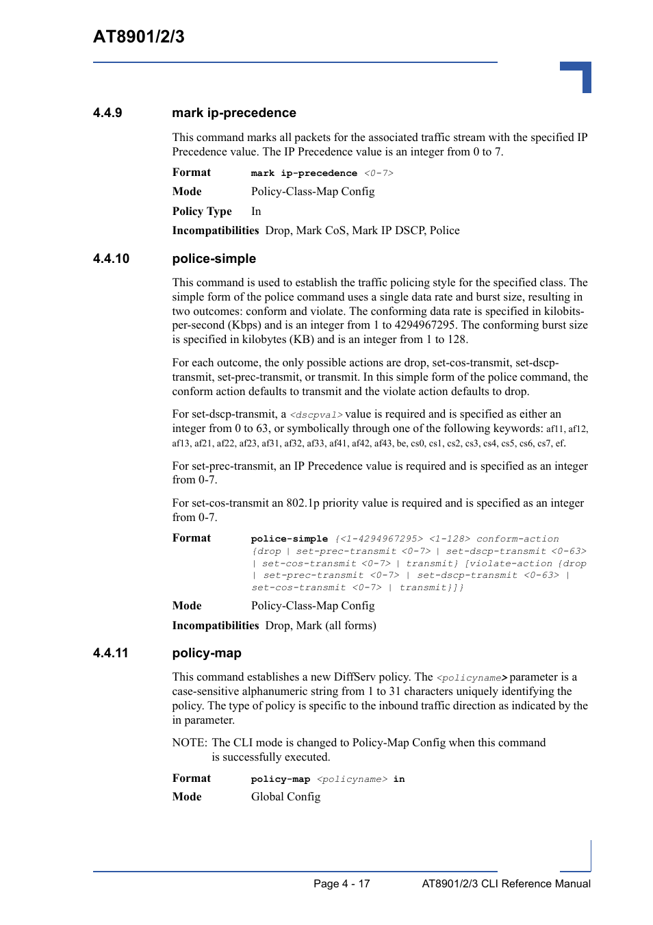 9 mark ip-precedence, 10 police-simple, 11 policy-map | Mark ip-precedence - 17, 10 police-simple - 17 4.4.11 policy-map - 17 | Kontron AT8902 Full Size CLI User Manual | Page 181 / 304