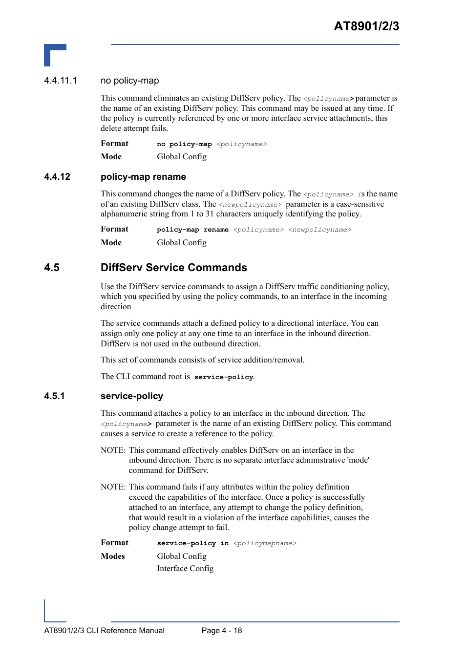 12 policy-map rename, 5 diffserv service commands, 1 service-policy | 12 policy-map rename - 18, 5 diffserv service commands - 18, Service-policy - 18 | Kontron AT8902 Full Size CLI User Manual | Page 182 / 304