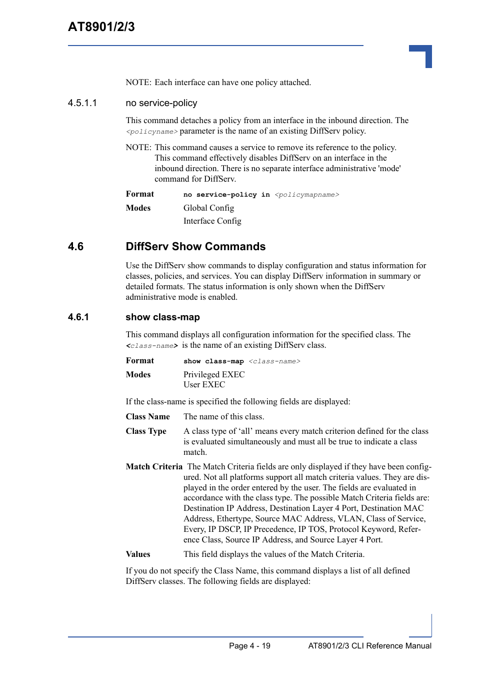 6 diffserv show commands, 1 show class-map, 6 diffserv show commands - 19 | Show class-map - 19 | Kontron AT8902 Full Size CLI User Manual | Page 183 / 304