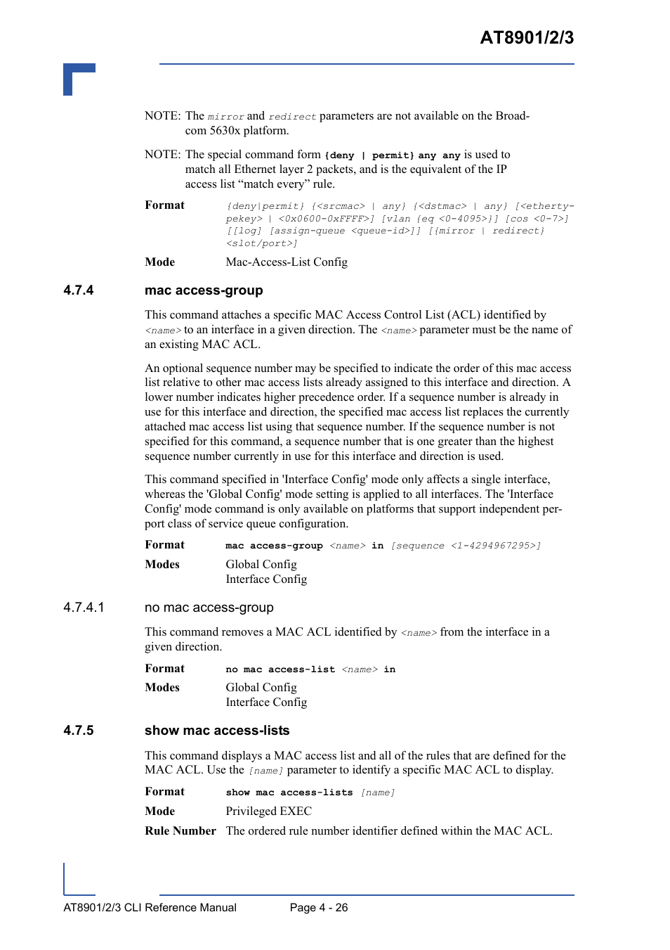 4 mac access-group, 5 show mac access-lists, Mac access-group - 26 | Show mac access-lists - 26 | Kontron AT8902 Full Size CLI User Manual | Page 190 / 304