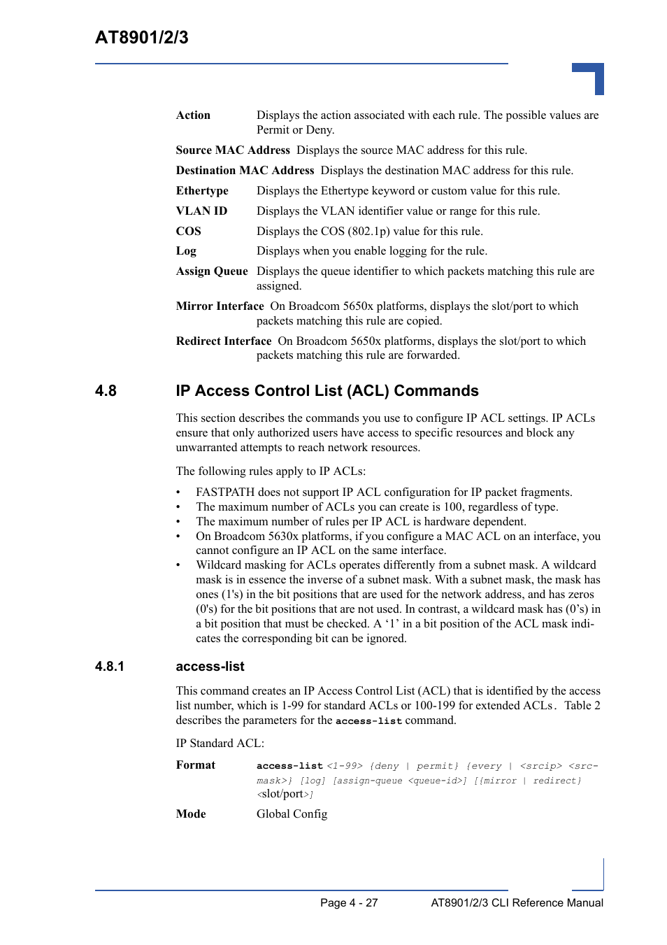 8 ip access control list (acl) commands, 1 access-list, 8 ip access control list (acl) commands - 27 | Access-list - 27 | Kontron AT8902 Full Size CLI User Manual | Page 191 / 304