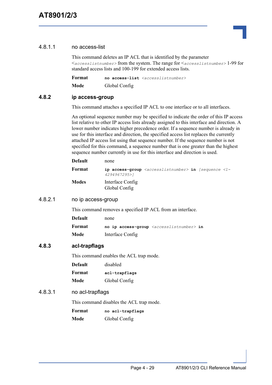 2 ip access-group, 3 acl-trapflags, Ip access-group - 29 | Acl-trapflags - 29 | Kontron AT8902 Full Size CLI User Manual | Page 193 / 304