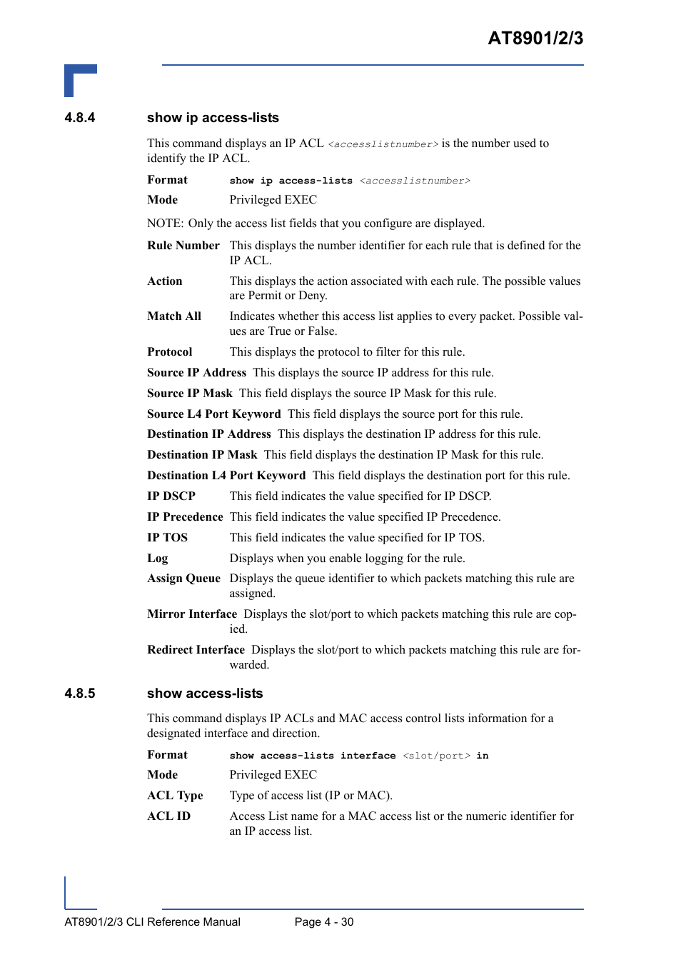 4 show ip access-lists, 5 show access-lists, Show ip access-lists - 30 | Show access-lists - 30 | Kontron AT8902 Full Size CLI User Manual | Page 194 / 304