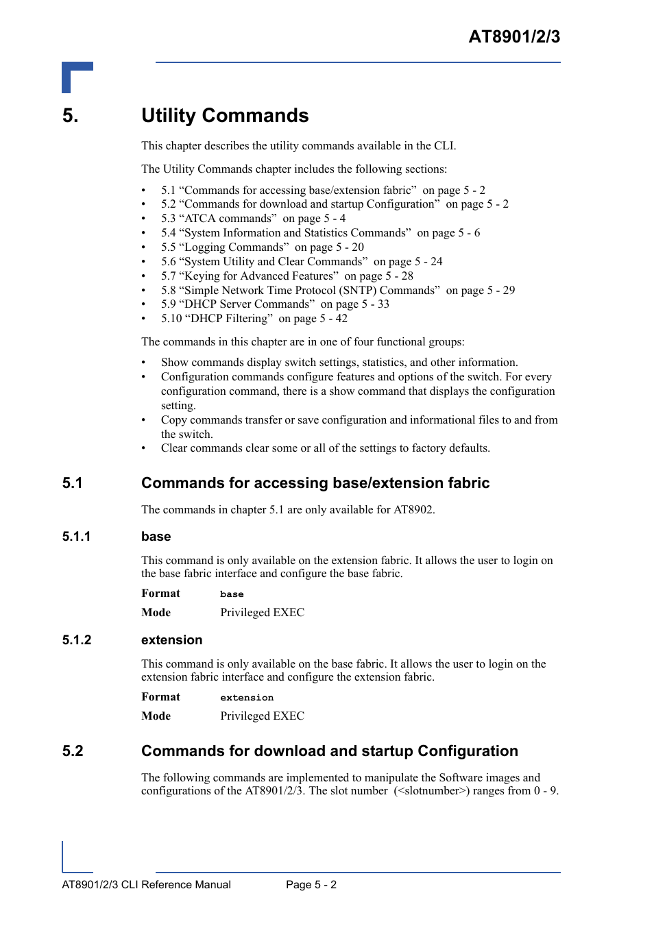 Utility commands, 1 commands for accessing base/extension fabric, 1 base | 2 extension, 2 commands for download and startup configuration, Utility commands - 2, 1 commands for accessing base/extension fabric - 2, Base - 2, Extension - 2 | Kontron AT8902 Full Size CLI User Manual | Page 198 / 304