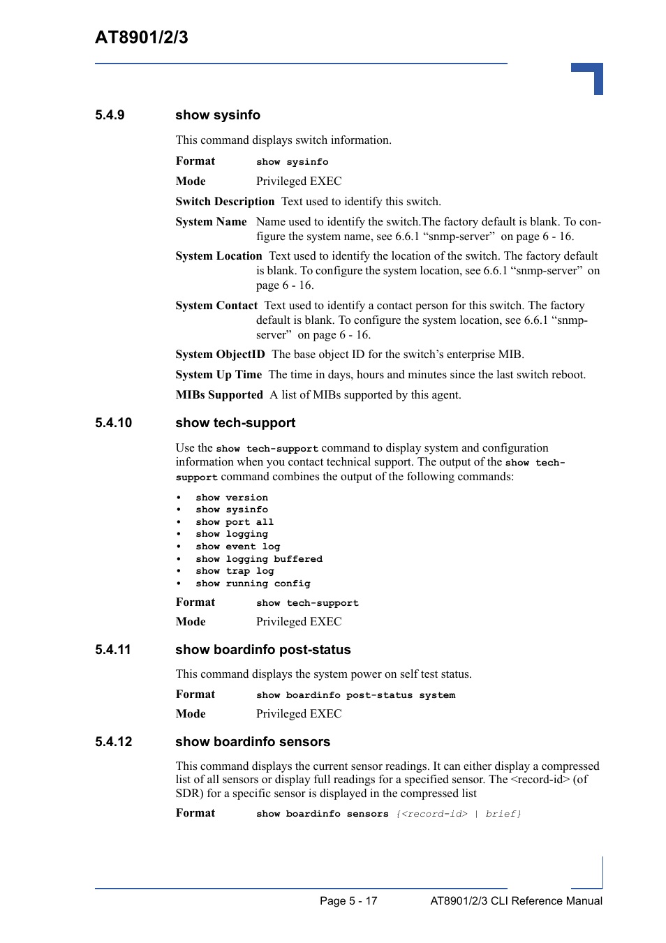 9 show sysinfo, 10 show tech-support, 11 show boardinfo post-status | 12 show boardinfo sensors, Show sysinfo - 17 | Kontron AT8902 Full Size CLI User Manual | Page 213 / 304