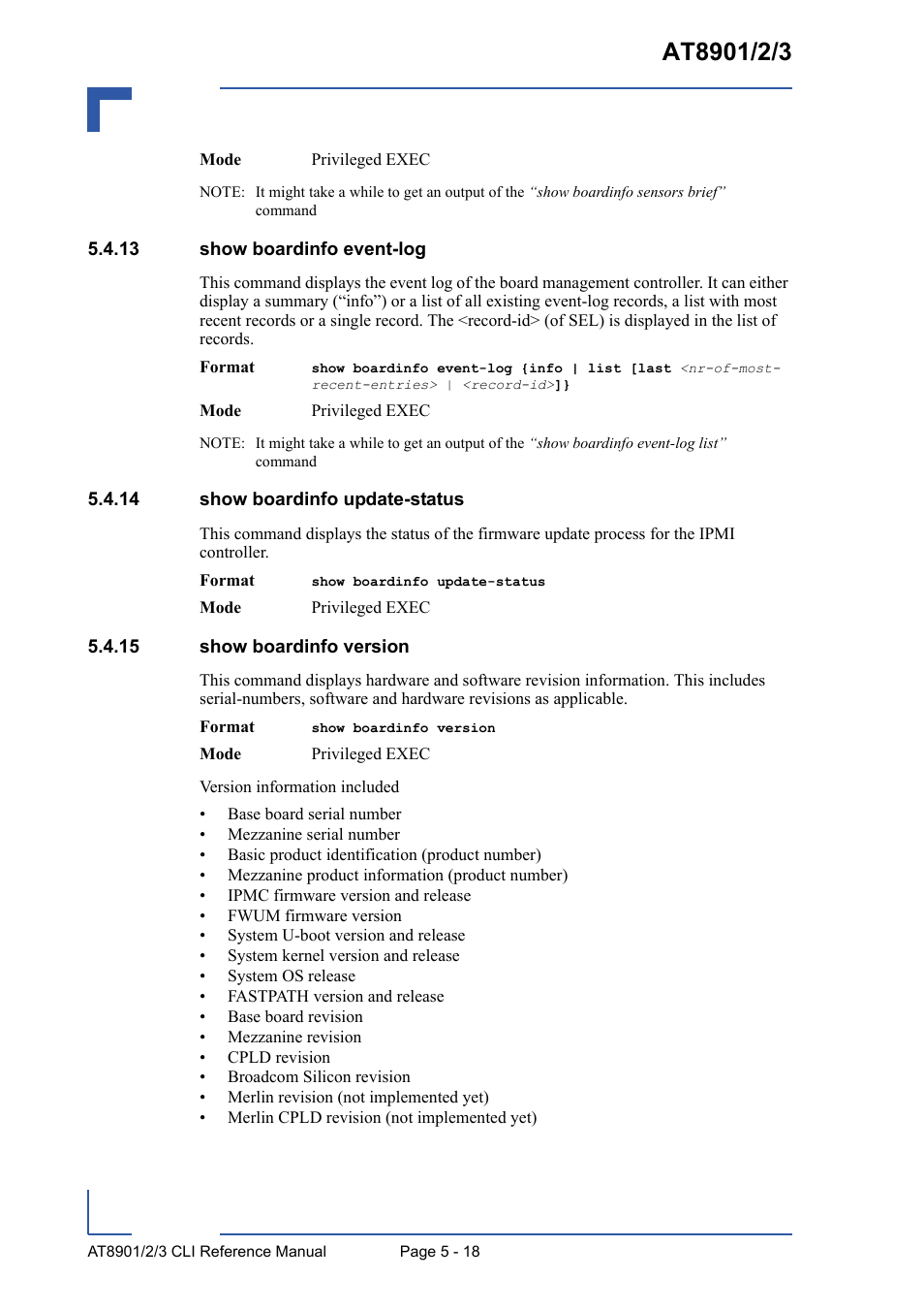 13 show boardinfo event-log, 14 show boardinfo update-status, 15 show boardinfo version | Kontron AT8902 Full Size CLI User Manual | Page 214 / 304