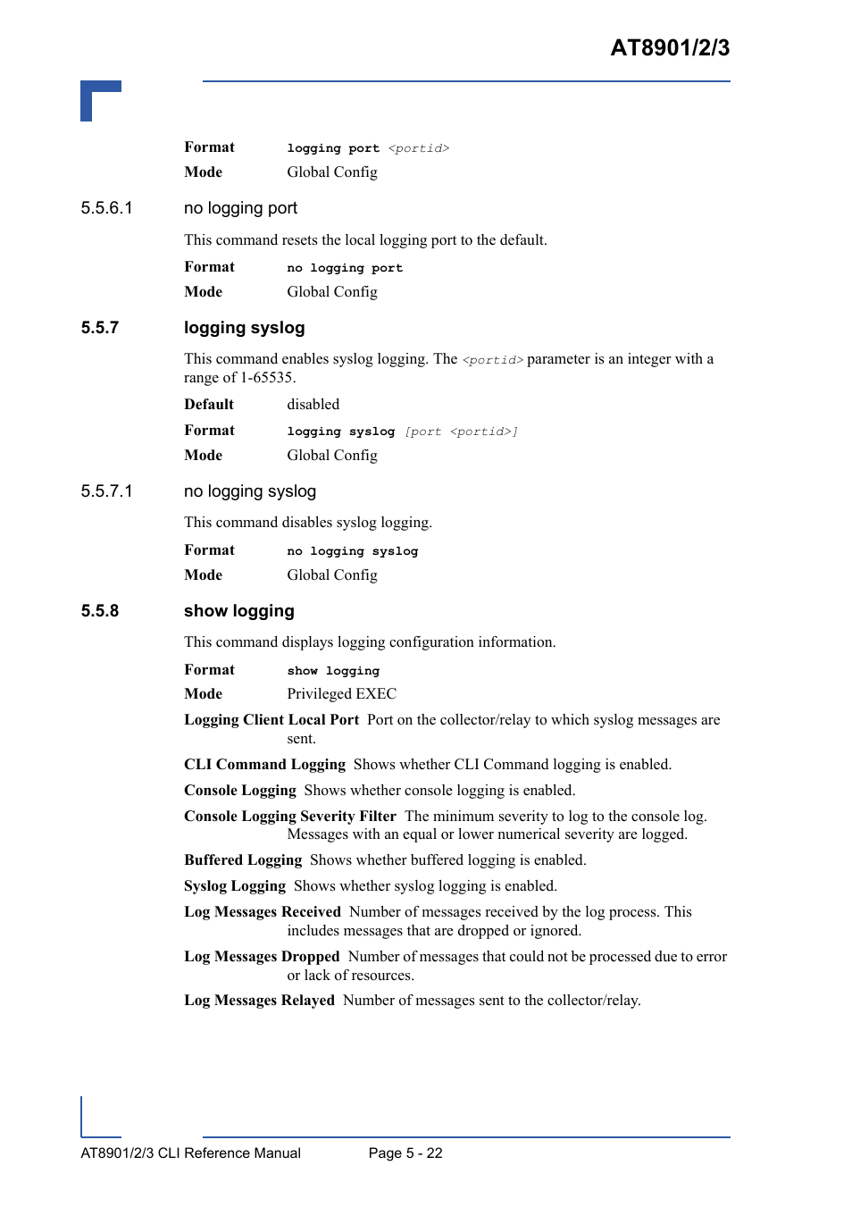 7 logging syslog, 8 show logging, Logging syslog - 22 | Show logging - 22 | Kontron AT8902 Full Size CLI User Manual | Page 218 / 304