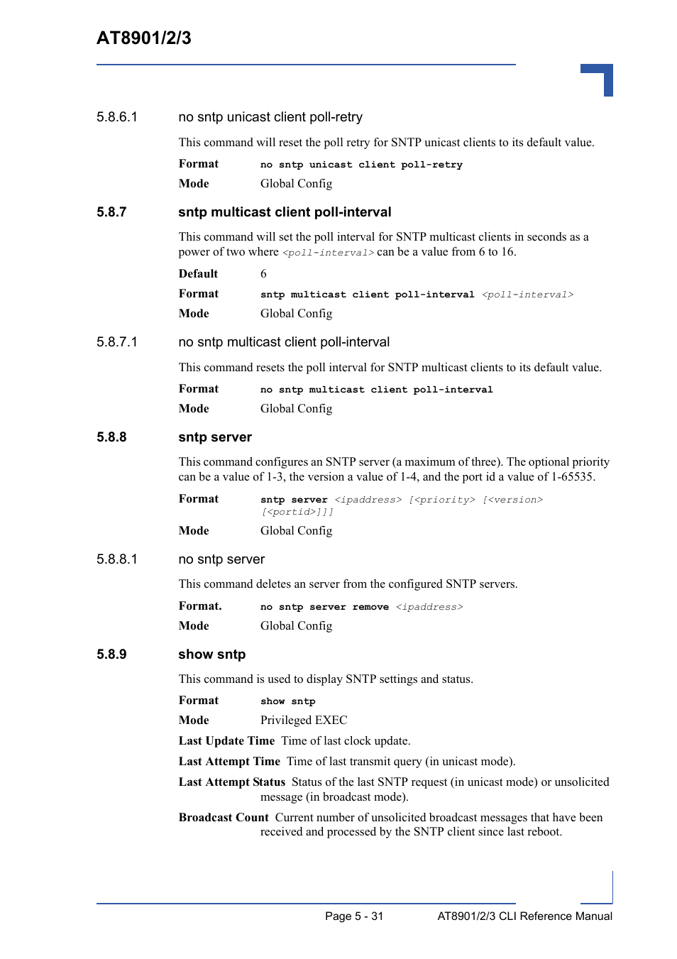 7 sntp multicast client poll-interval, 8 sntp server, 9 show sntp | Sntp multicast client poll-interval - 31, Sntp server - 31, Show sntp - 31 | Kontron AT8902 Full Size CLI User Manual | Page 227 / 304