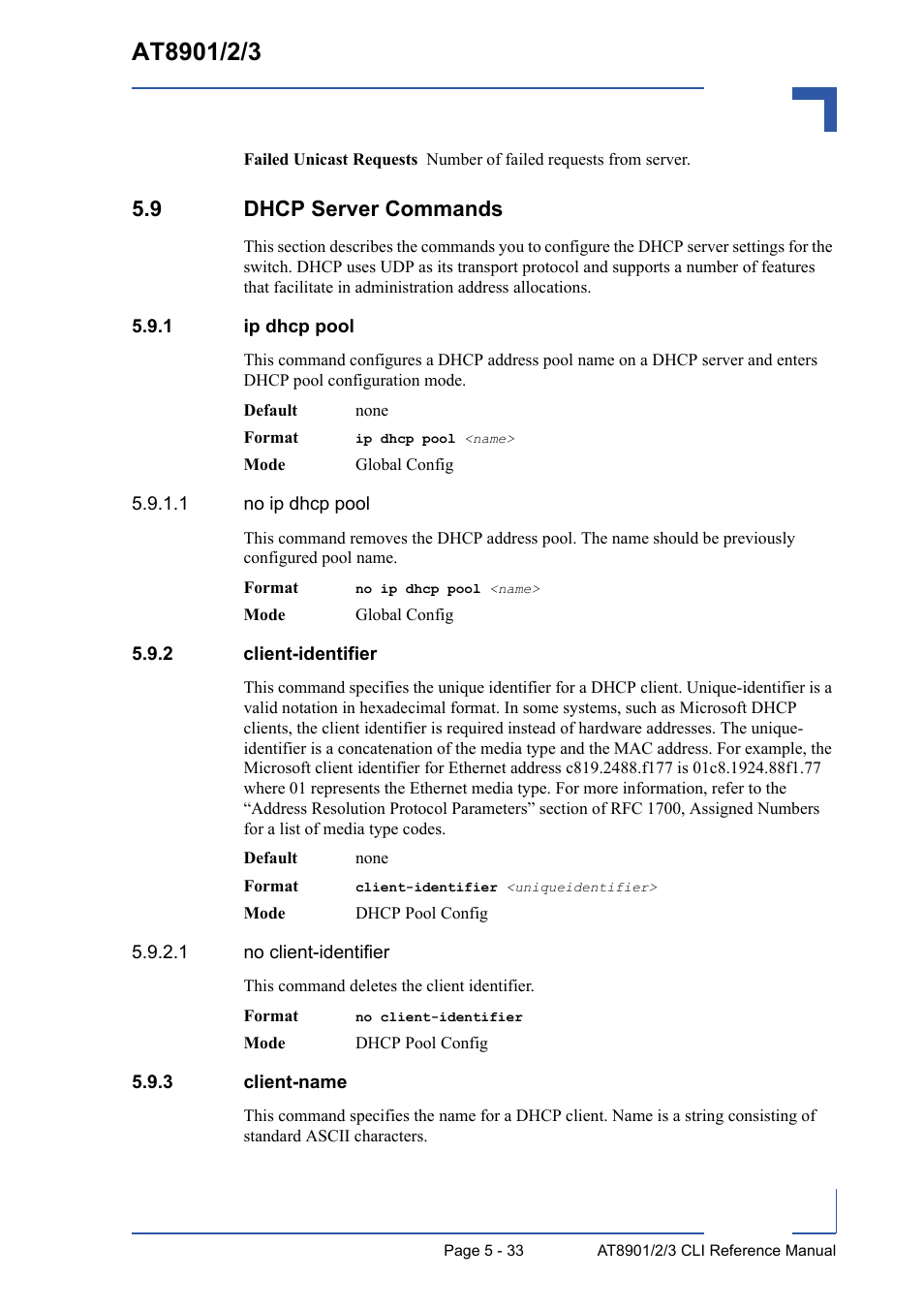 9 dhcp server commands, 1 ip dhcp pool, 2 client-identifier | 3 client-name, 9 dhcp server commands - 33, Ip dhcp pool - 33, Client-identifier - 33, Client-name - 33 | Kontron AT8902 Full Size CLI User Manual | Page 229 / 304