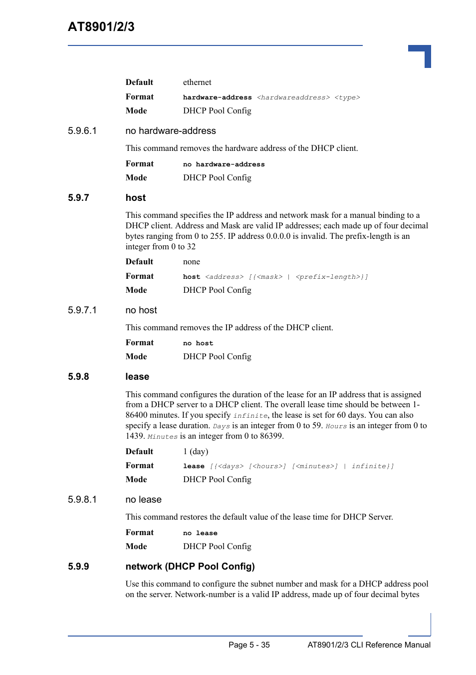 7 host, 8 lease, 9 network (dhcp pool config) | Host - 35, Lease - 35, Network (dhcp pool config) - 35 | Kontron AT8902 Full Size CLI User Manual | Page 231 / 304