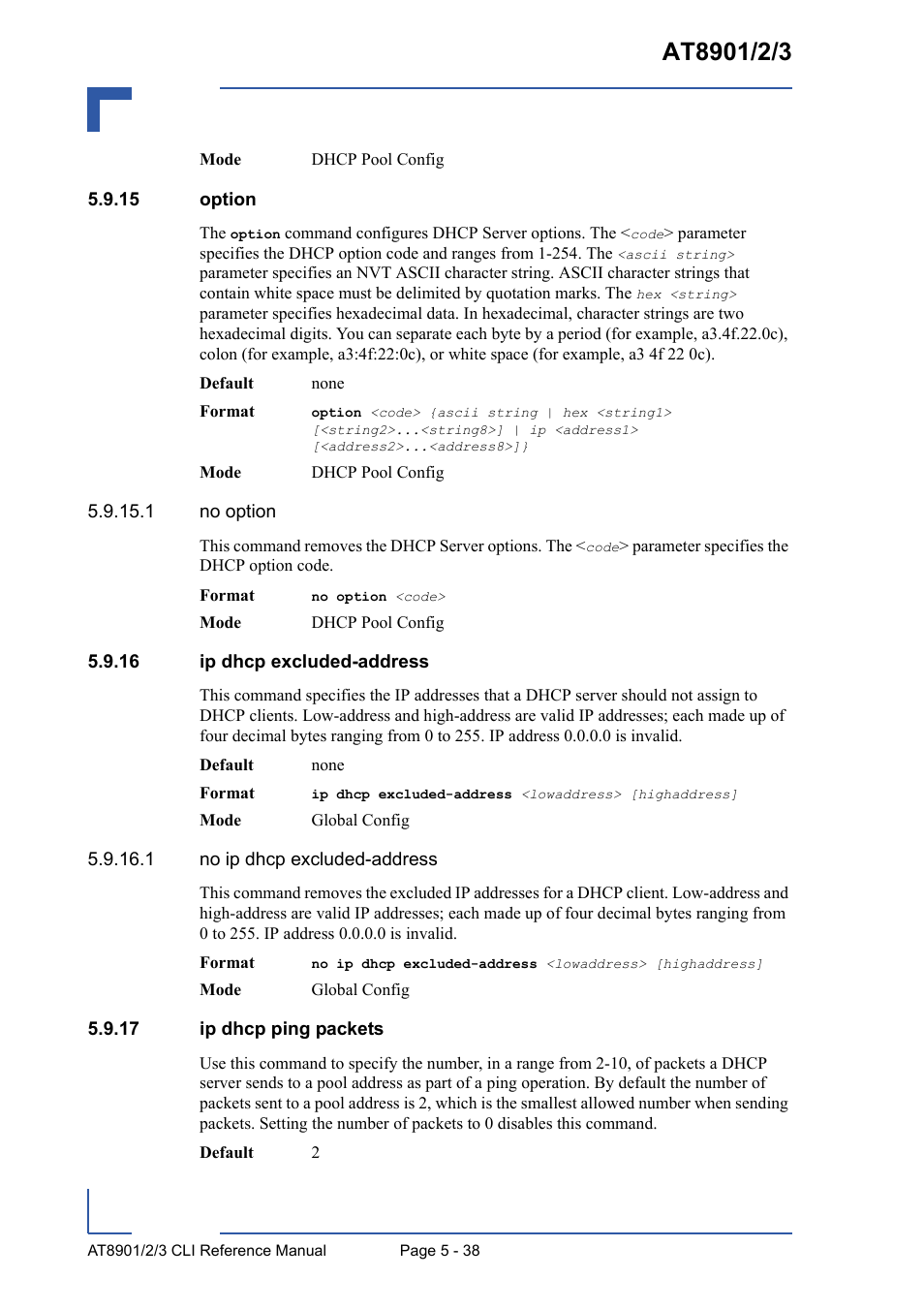 15 option, 16 ip dhcp excluded-address, 17 ip dhcp ping packets | Kontron AT8902 Full Size CLI User Manual | Page 234 / 304