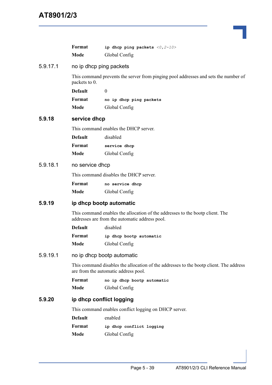 18 service dhcp, 19 ip dhcp bootp automatic, 20 ip dhcp conflict logging | Kontron AT8902 Full Size CLI User Manual | Page 235 / 304