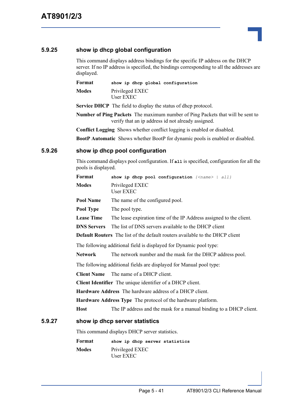 25 show ip dhcp global configuration, 26 show ip dhcp pool configuration, 27 show ip dhcp server statistics | Kontron AT8902 Full Size CLI User Manual | Page 237 / 304