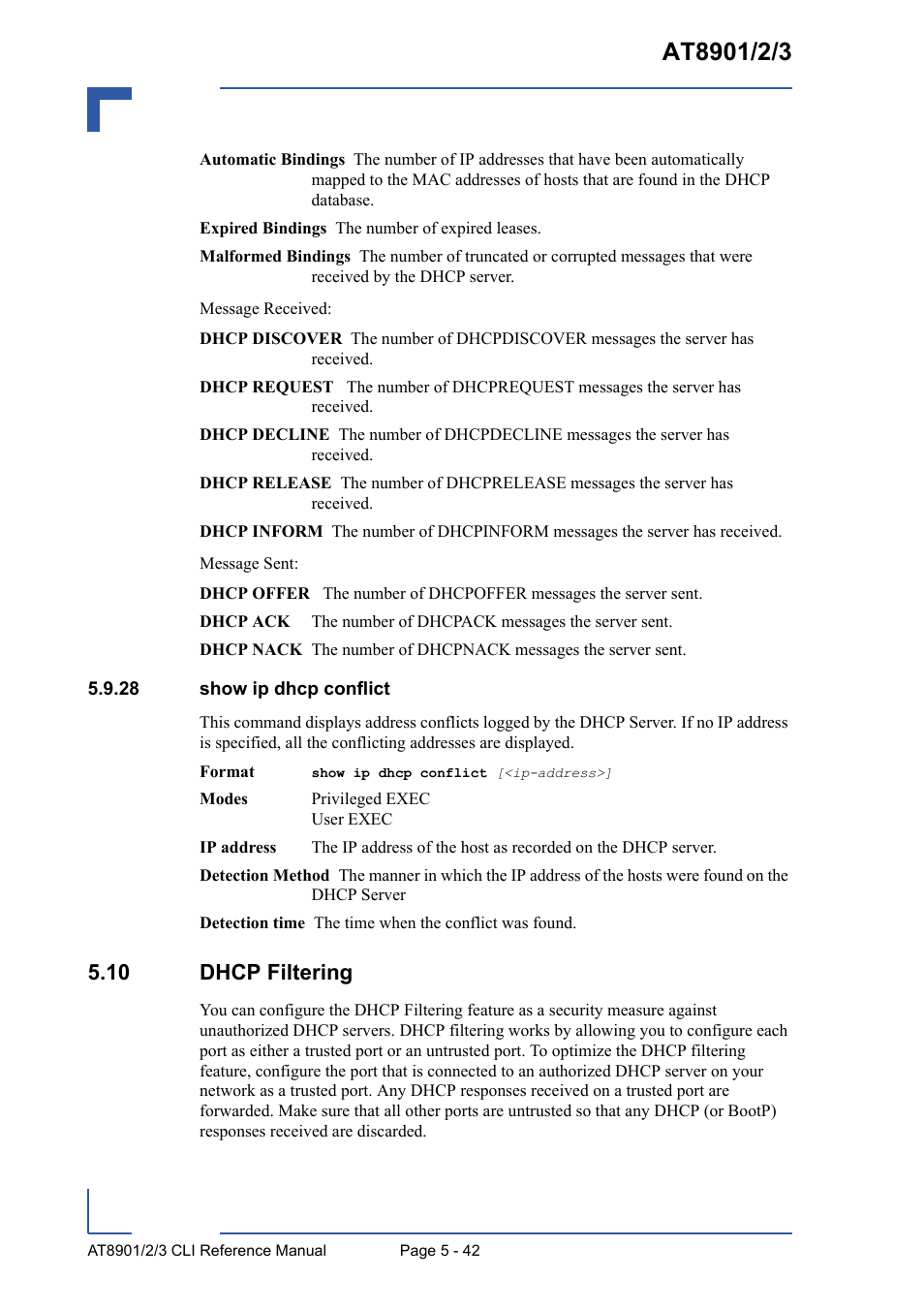 28 show ip dhcp conflict, 10 dhcp filtering, 28 show ip dhcp conflict - 42 | 10 dhcp filtering - 42 | Kontron AT8902 Full Size CLI User Manual | Page 238 / 304