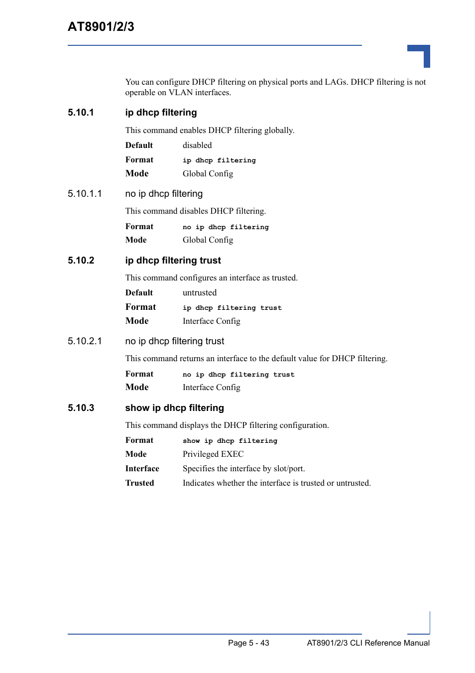 1 ip dhcp filtering, 2 ip dhcp filtering trust, 3 show ip dhcp filtering | Kontron AT8902 Full Size CLI User Manual | Page 239 / 304