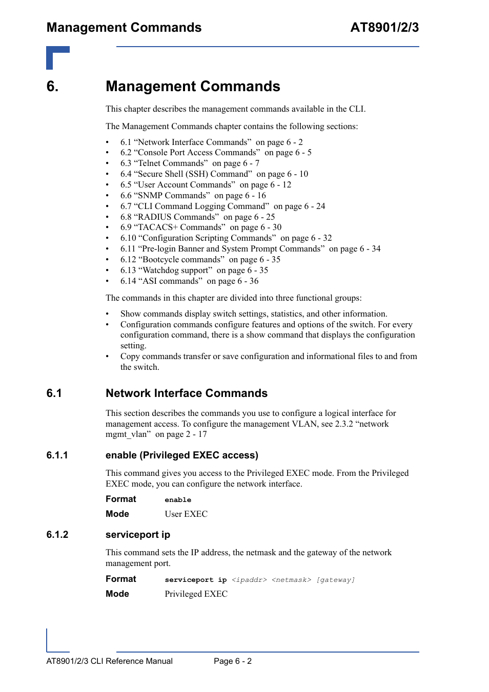 Management commands, 1 network interface commands, 1 enable (privileged exec access) | 2 serviceport ip, Management commands - 2, 1 network interface commands - 2, Enable (privileged exec access) - 2, Serviceport ip - 2 | Kontron AT8902 Full Size CLI User Manual | Page 242 / 304