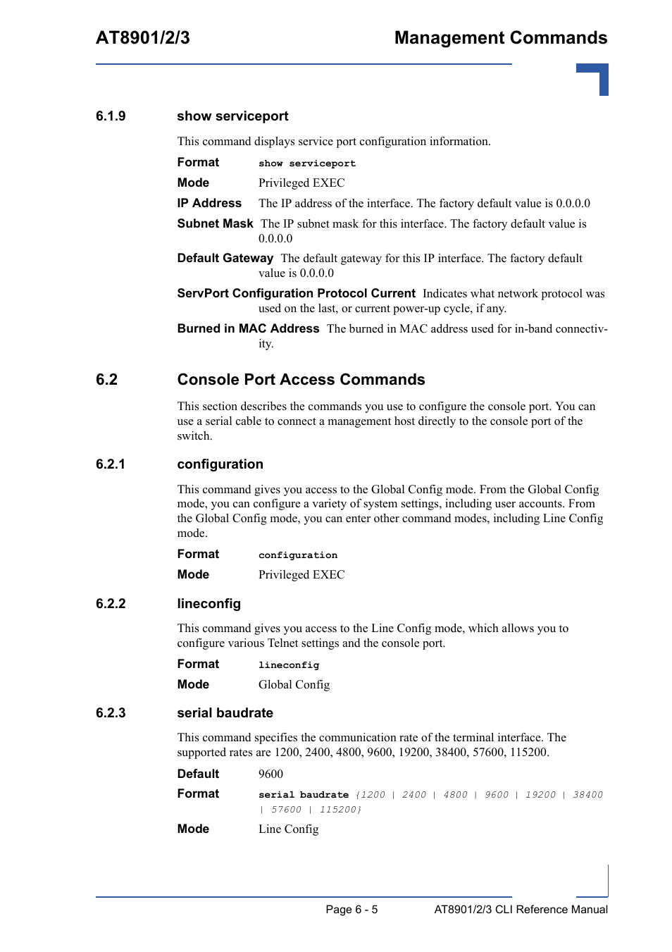 9 show serviceport, 2 console port access commands, 1 configuration | 2 lineconfig, 3 serial baudrate, Show serviceport - 5, 2 console port access commands - 5, Configuration - 5, Lineconfig - 5, Serial baudrate - 5 | Kontron AT8902 Full Size CLI User Manual | Page 245 / 304