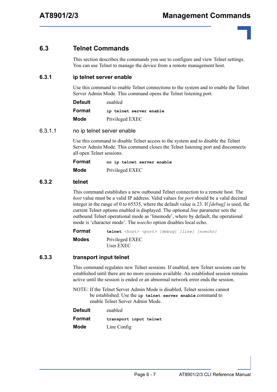 3 telnet commands, 1 ip telnet server enable, 2 telnet | 3 transport input telnet, 3 telnet commands - 7, Ip telnet server enable - 7, Telnet - 7, Transport input telnet - 7 | Kontron AT8902 Full Size CLI User Manual | Page 247 / 304