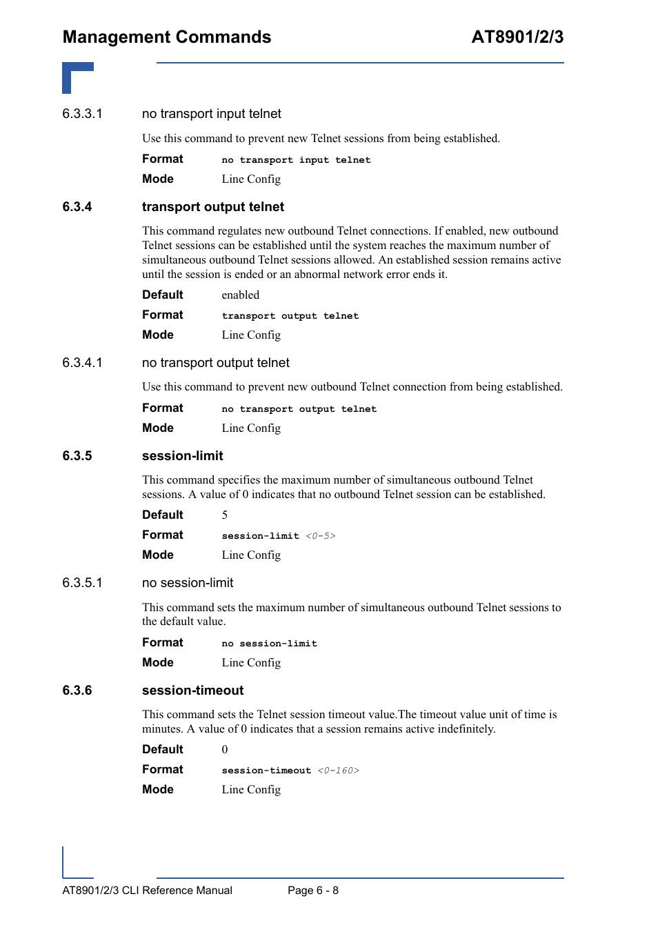 4 transport output telnet, 5 session-limit, 6 session-timeout | Transport output telnet - 8, Session-limit - 8, Session-timeout - 8 | Kontron AT8902 Full Size CLI User Manual | Page 248 / 304